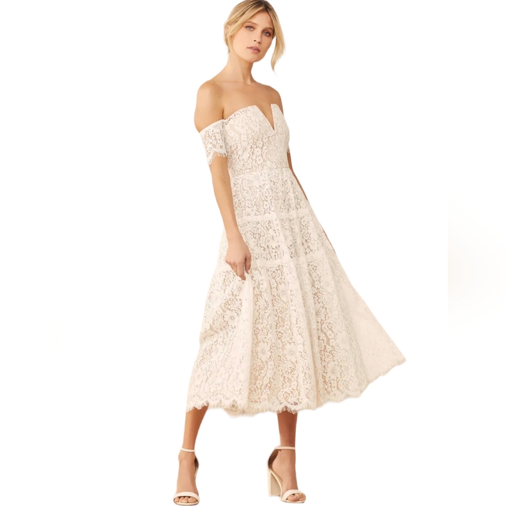 Lulus Absolutely Stunning White Lace Off-the-Shoulder Tiered Hem Midi Dress